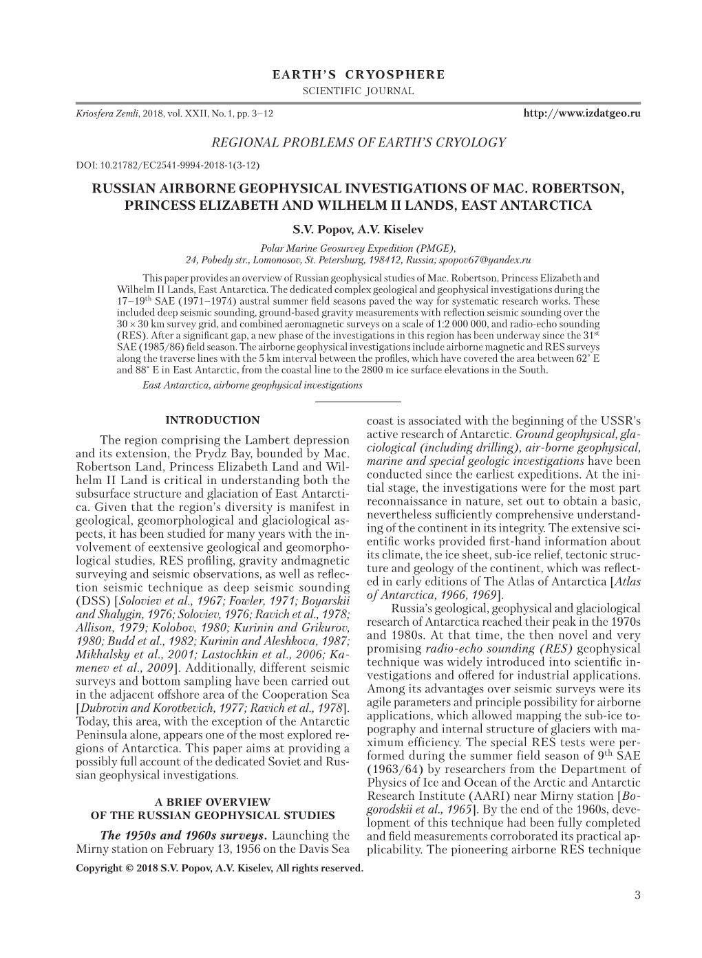 Regional Problems of Earth's Cryology Russian Airborne Geophysical Investigations of Mac. Robertson, Princess Elizabeth and Wi