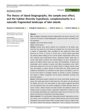 The Theory of Island Biogeography, the Sample‐Area Effect, and the Habitat Diversity Hypothesis: Complementarity in a Naturally Fragmented Landscape of Lake Islands