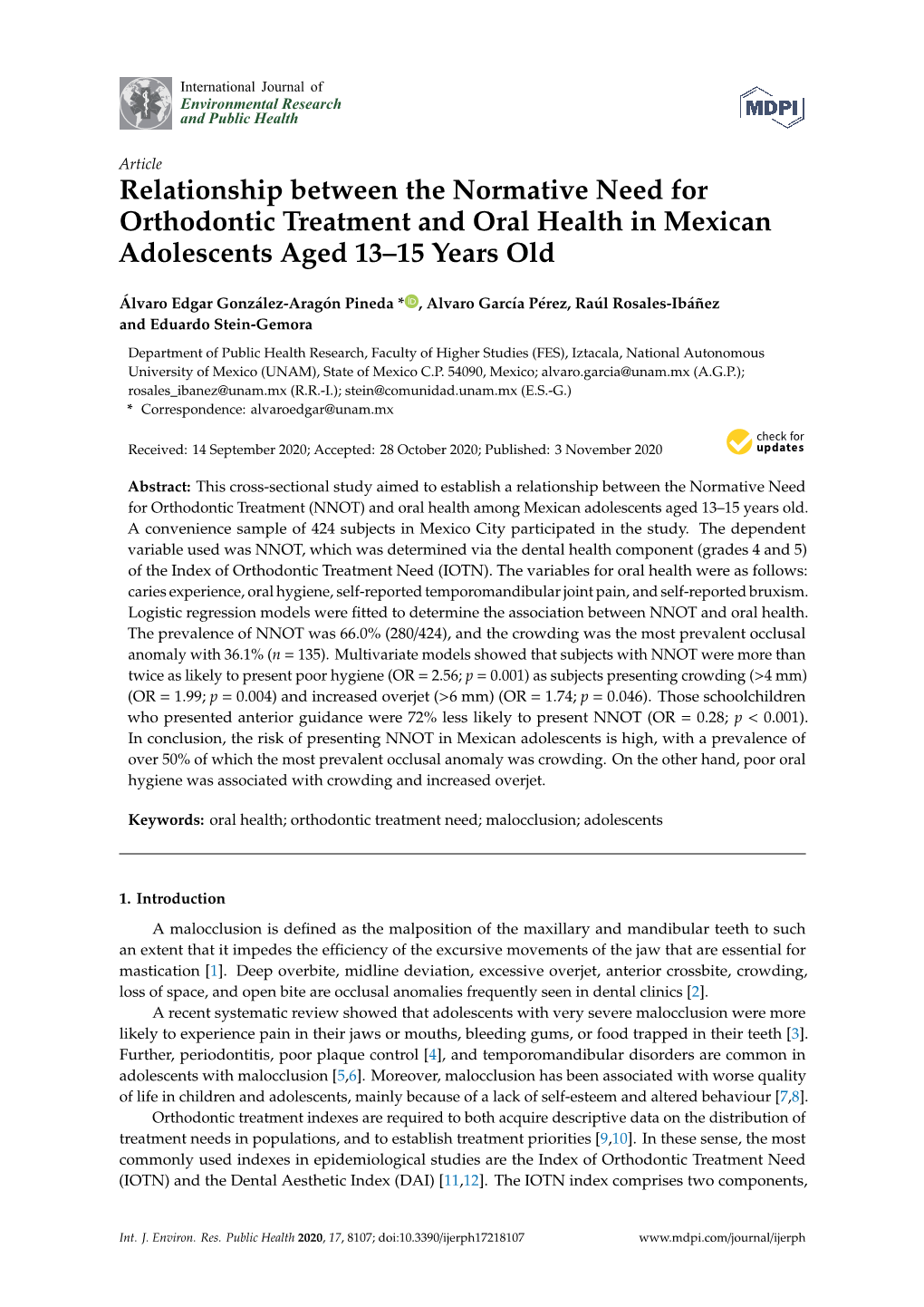 Relationship Between the Normative Need for Orthodontic Treatment and Oral Health in Mexican Adolescents Aged 13–15 Years Old
