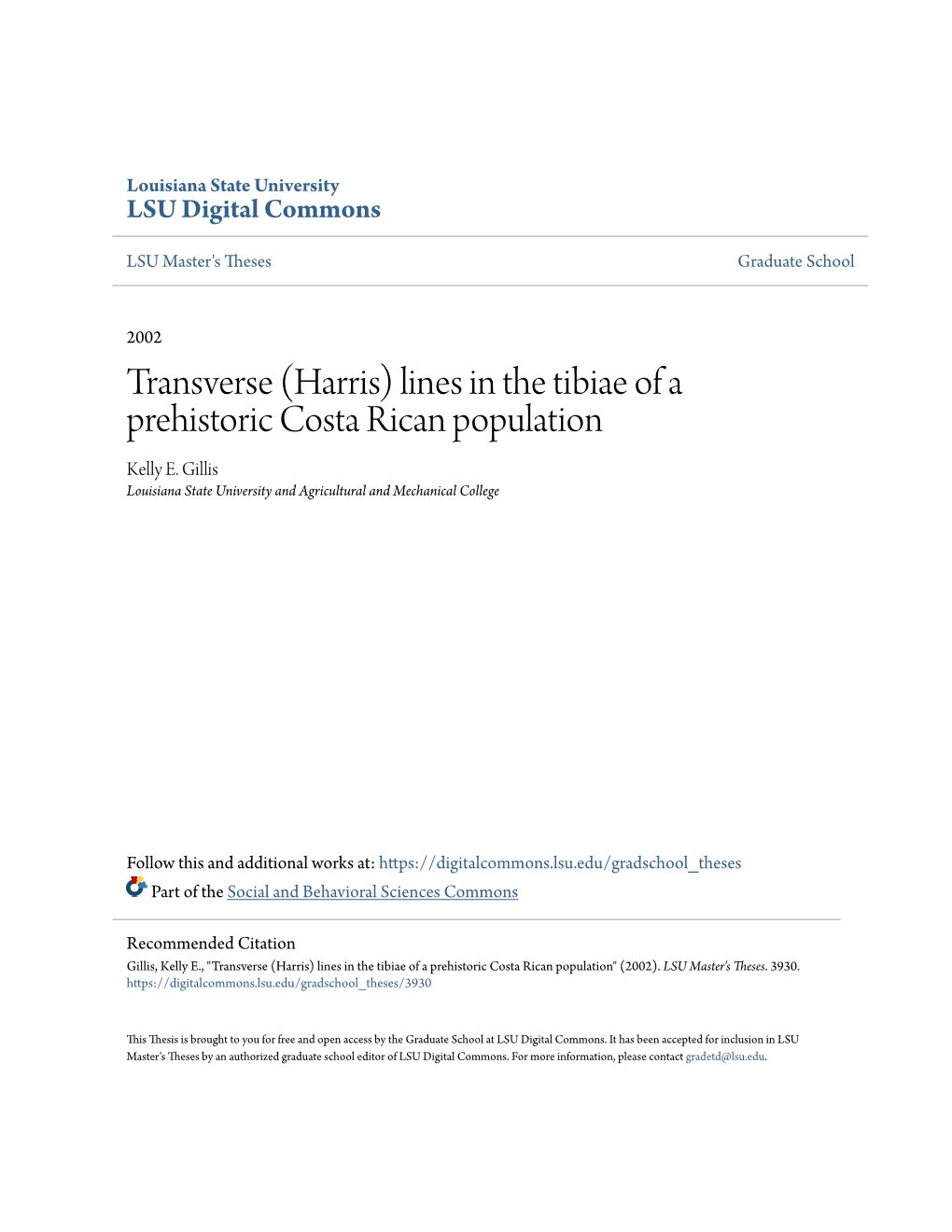 (Harris) Lines in the Tibiae of a Prehistoric Costa Rican Population Kelly E