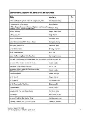Elementary Literature List by Grade