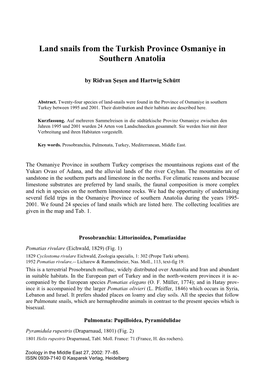 Land Snails from the Turkish Province Osmaniye in Southern Anatolia