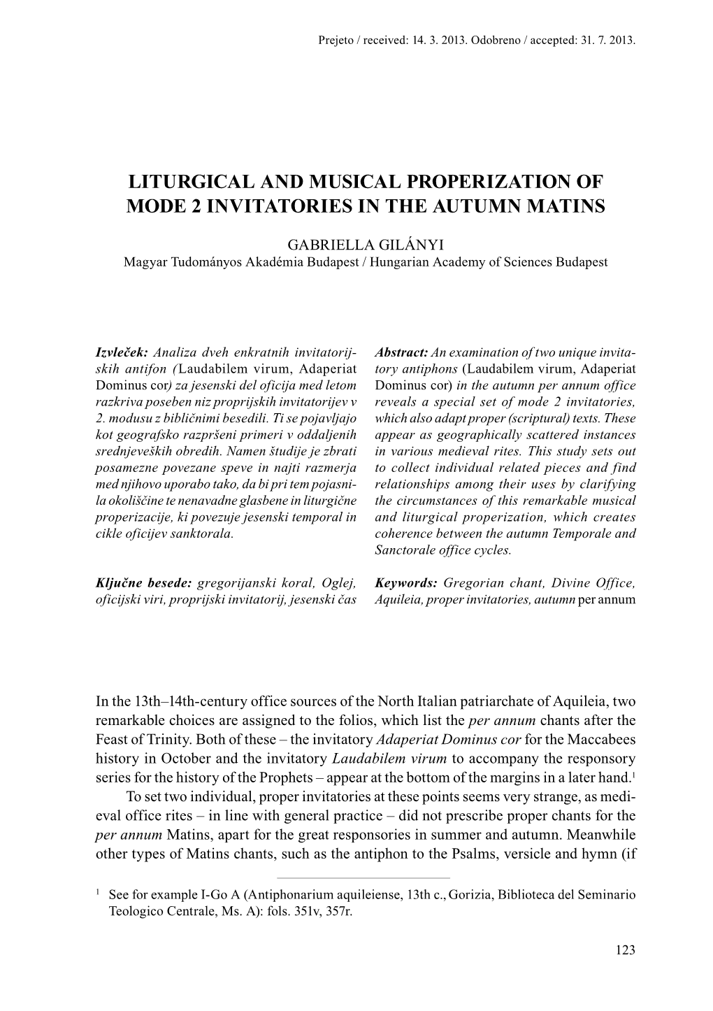 Liturgical and Musical Properization of Mode 2 Invitatories in the Autumn Matins