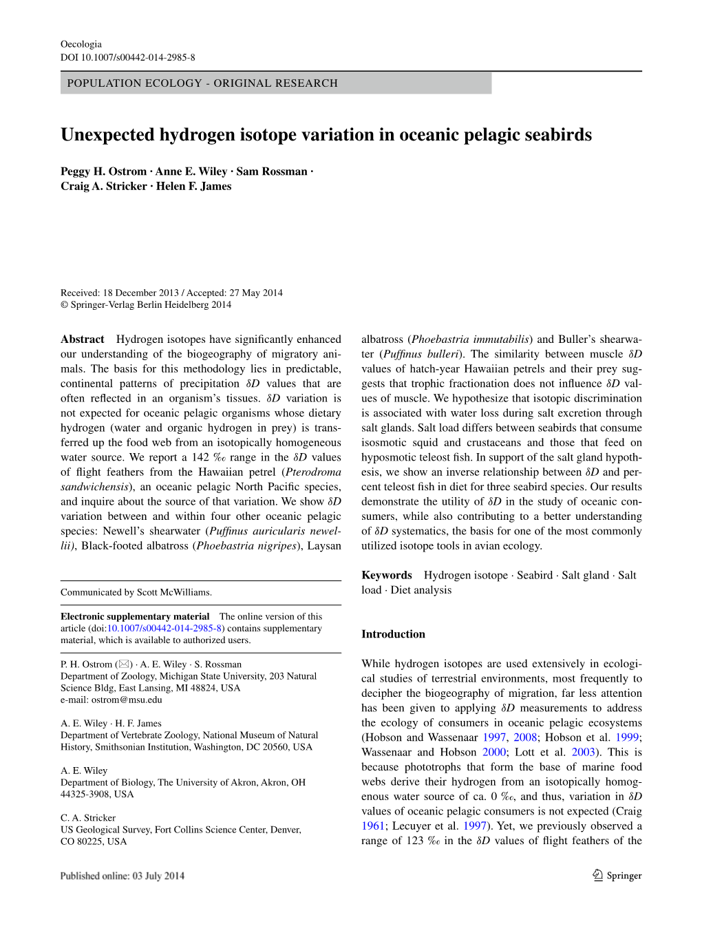 Unexpected Hydrogen Isotope Variation in Oceanic Pelagic Seabirds