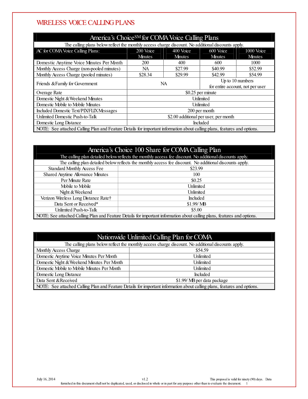 America's Choicesm for COMA Voice Calling Plans