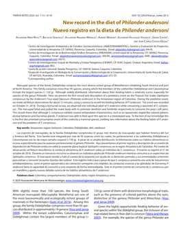 New Record in the Diet of Philander Andersoni Nuevo Registro En La Dieta De Philander Andersoni