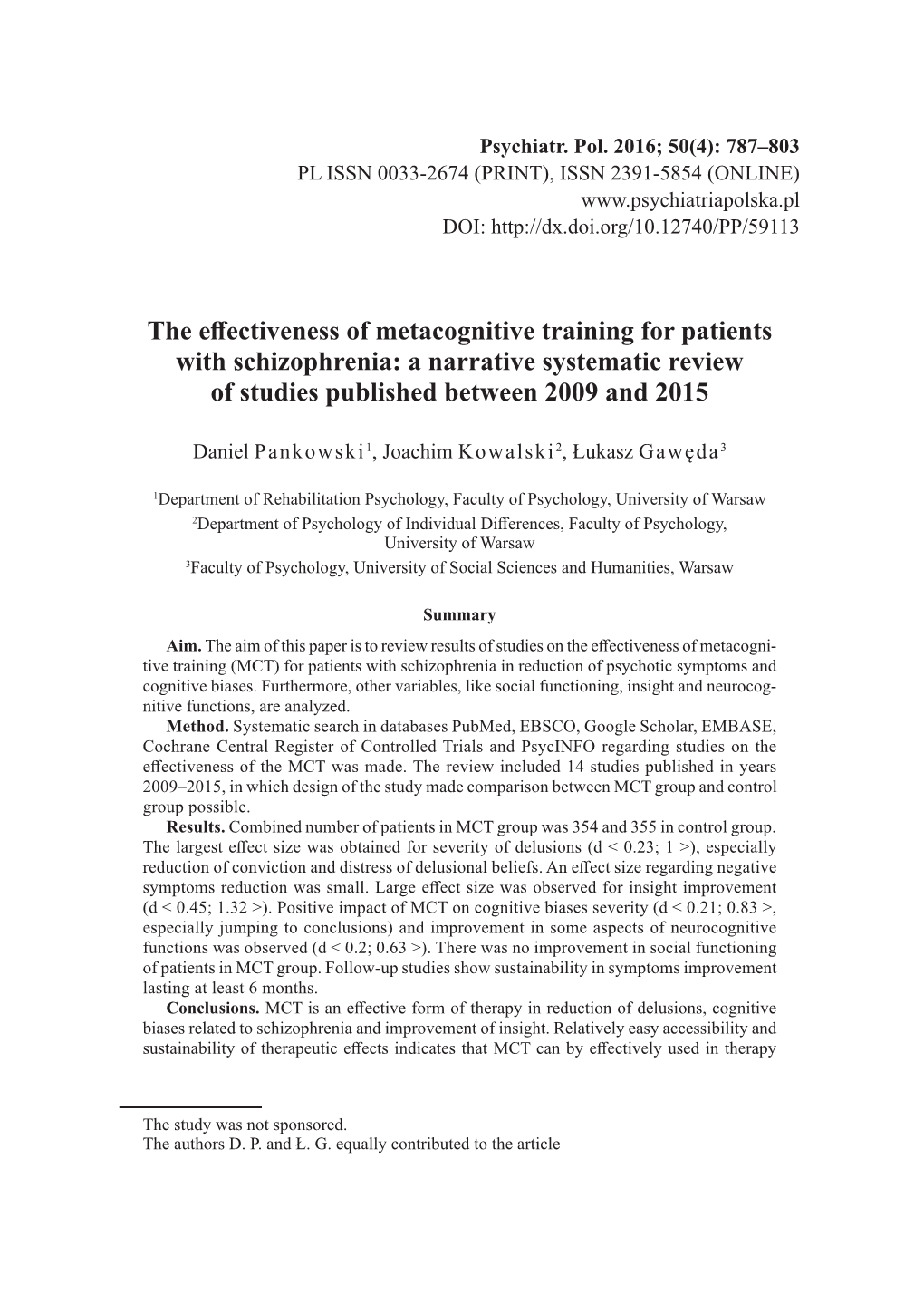 The Effectiveness of Metacognitive Training for Patients with Schizophrenia: a Narrative Systematic Review of Studies Published Between 2009 and 2015