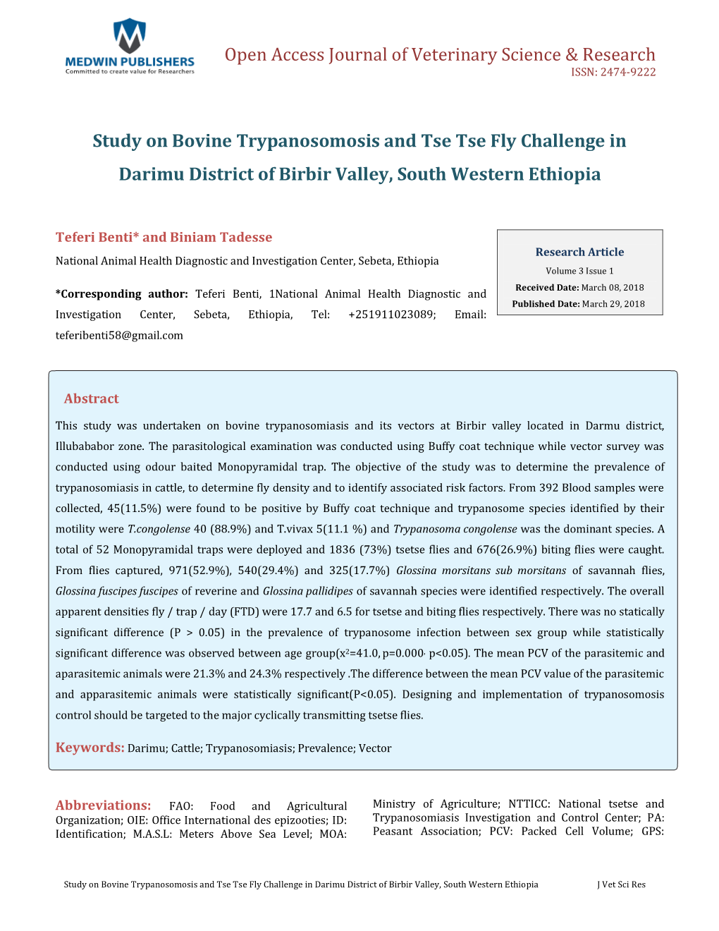 Study on Bovine Trypanosomosis and Tse Tse Fly Challenge in Darimu District of Birbir Valley, South Western Ethiopia