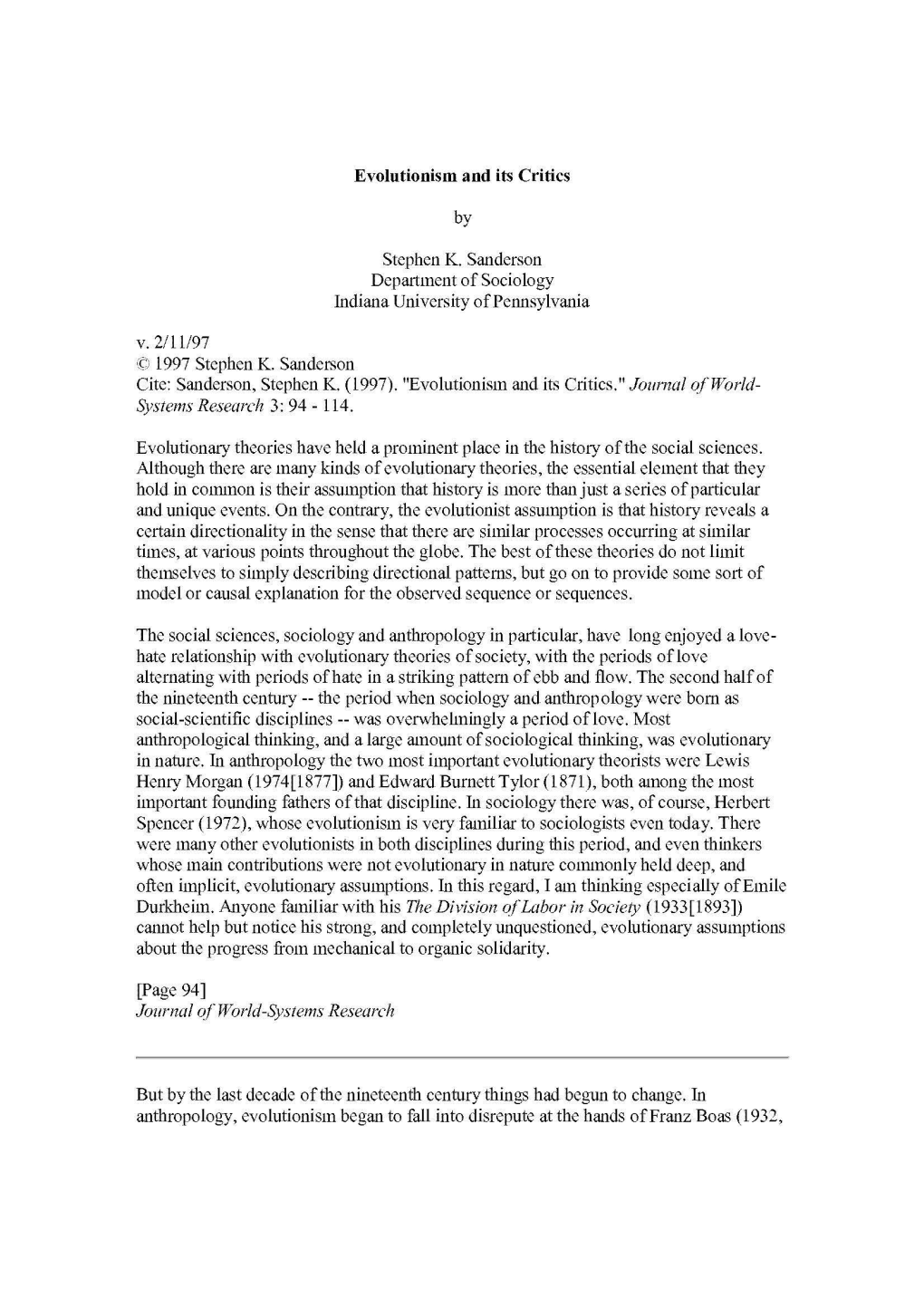 V. 2/11/97 Evolutionism and Its Critics by Stephen K. Sanderson