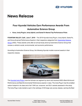 Four Hyundai Vehicles Earn Performance Awards from Automotive Science Group