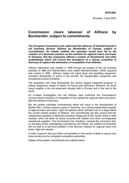 Commission Clears Takeover of Adtranz by Bombardier, Subject To