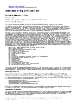 Disorders of Lipid Metabolism Disorders of Lipid Metabolism (DLM) Guideline (2011)