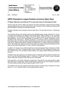 UEFA Champions League Finalists Announce Open Days