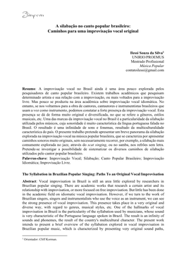 A Silabação No Canto Popular Brasileiro: Caminhos Para Uma Improvisação Vocal Original