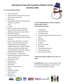 Gift Ideas for Evansville Psychiatric Children's Center Christmas 2015