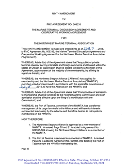 Ninth Amendment to Fmc Agreement No. 009335 the Marine Terminal Discussion Agreement and Cooperative Working Agreement for the N
