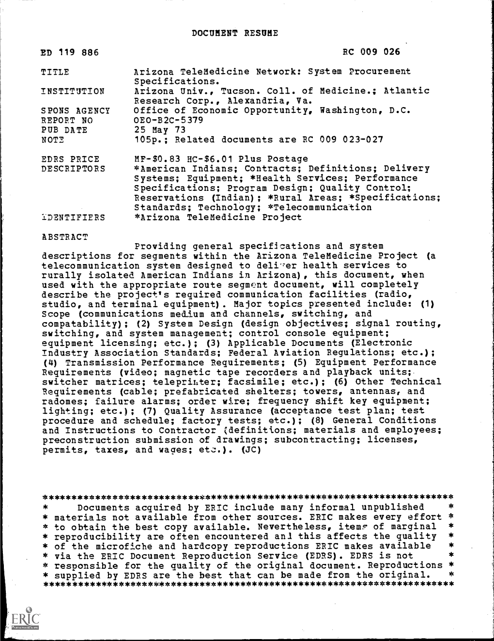 Arizona Telemedicine Network: System Procurement Specifications