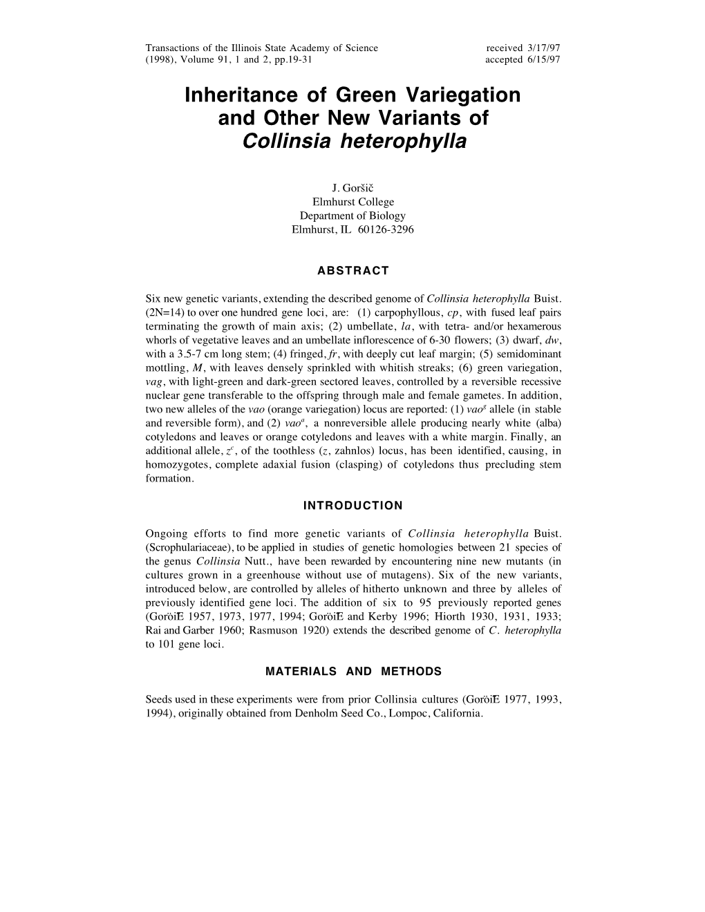 Inheritance of Green Variegation and Other New Variants of Collinsia Heterophylla