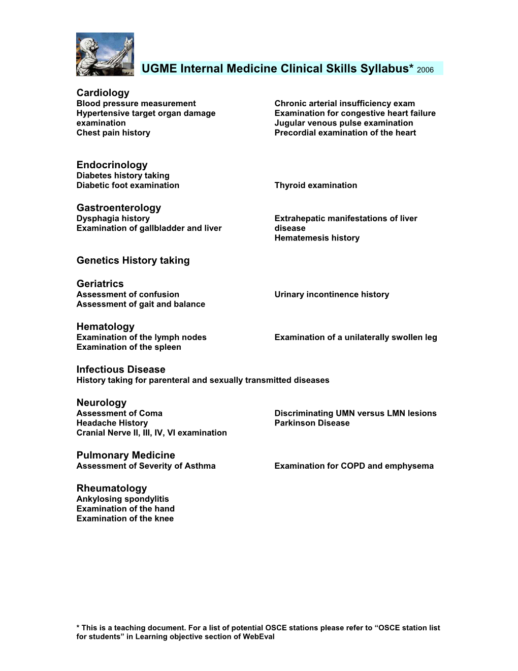 UGME Internal Medicine Clinical Skills Syllabus* 2006