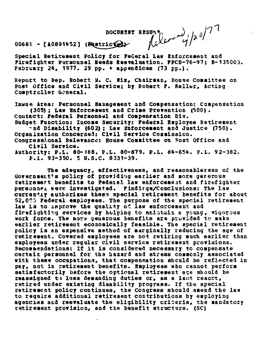 FPCD-76-97 Special Retirement Policy for Federal Law Enforcement and Firefighter Personnel Needs Reevaluation