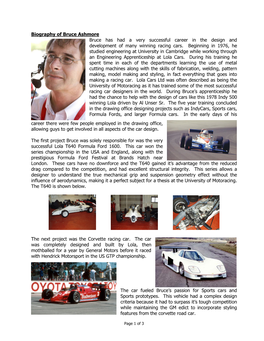 Biography of Bruce Ashmore Bruce Has Had a Very Successful Career in the Design and Development of Many Winning Racing Cars