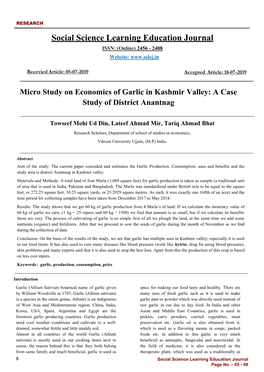 Micro Study on Economics of Garlic in Kashmir Valley: a Case Study of District Anantnag