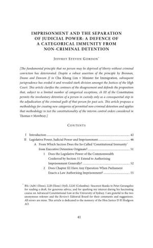 Imprisonment and the Separation of Judicial Power: a Defence of a Categorical Immunity from Non-Criminal Detention