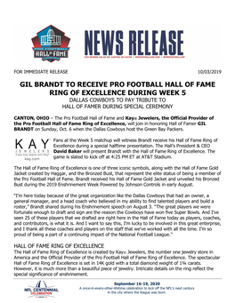 Gil Brandt to Receive Pro Football Hall of Fame Ring of Excellence During Week 5 Dallas Cowboys to Pay Tribute to Hall of Famer During Special Ceremony