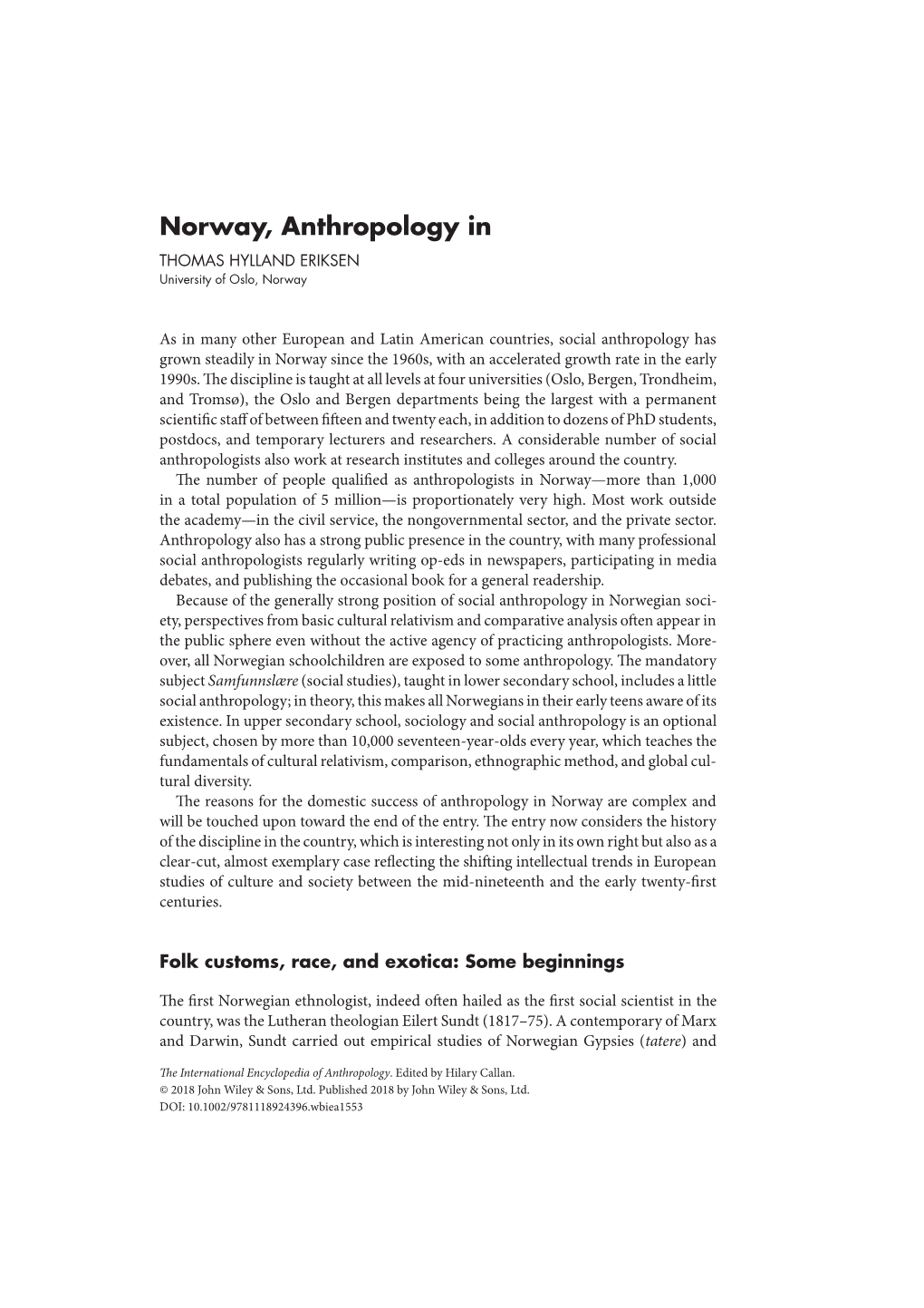 "Norway, Anthropology In" In