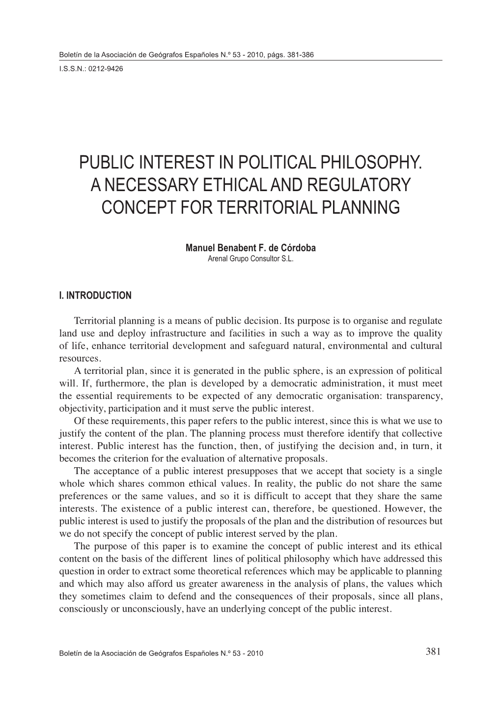 Public Interest in Political Philosophy. a Necessary Ethical and Regulatory Concept for Territorial Planning