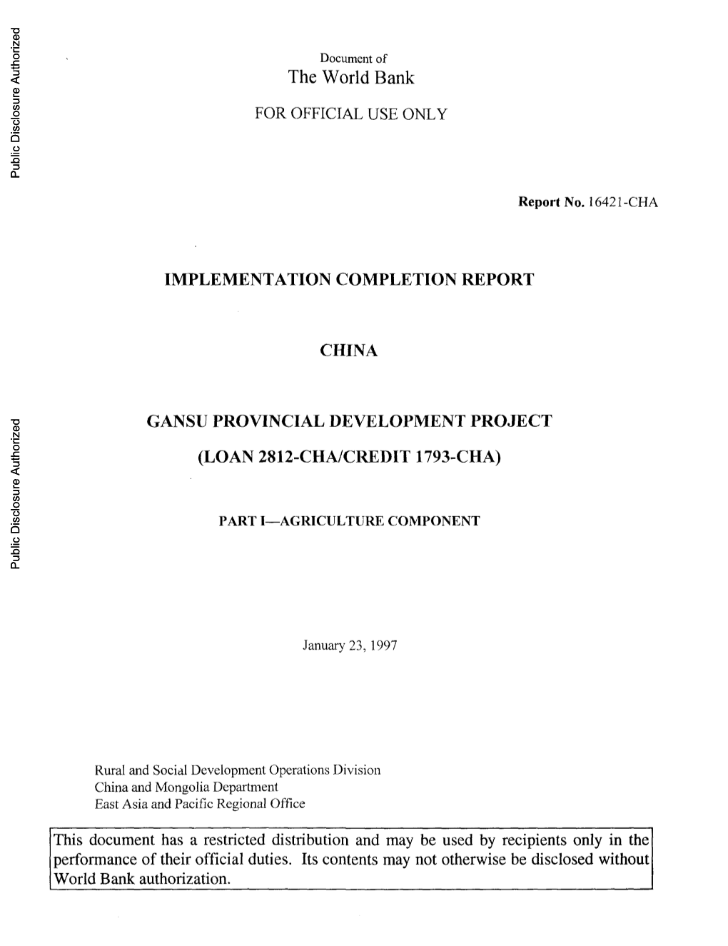 Implementation Completion Report China Gansu Provincial Development Project