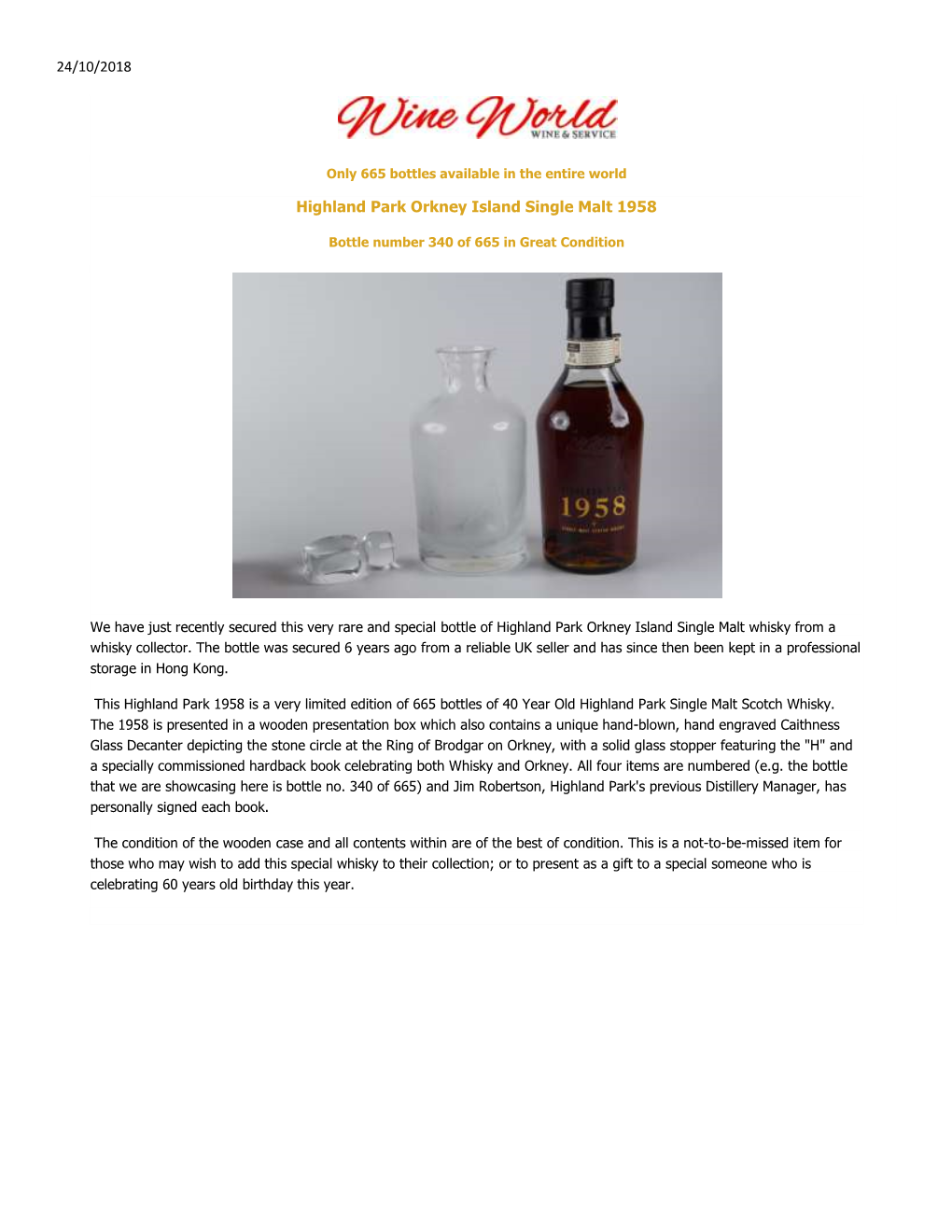 24/10/2018 Highland Park Orkney Island Single Malt 1958