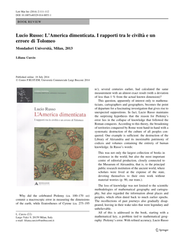 Lucio Russo: L'america Dimenticata. I Rapporti Tra Le Civilta` E Un Errore Di