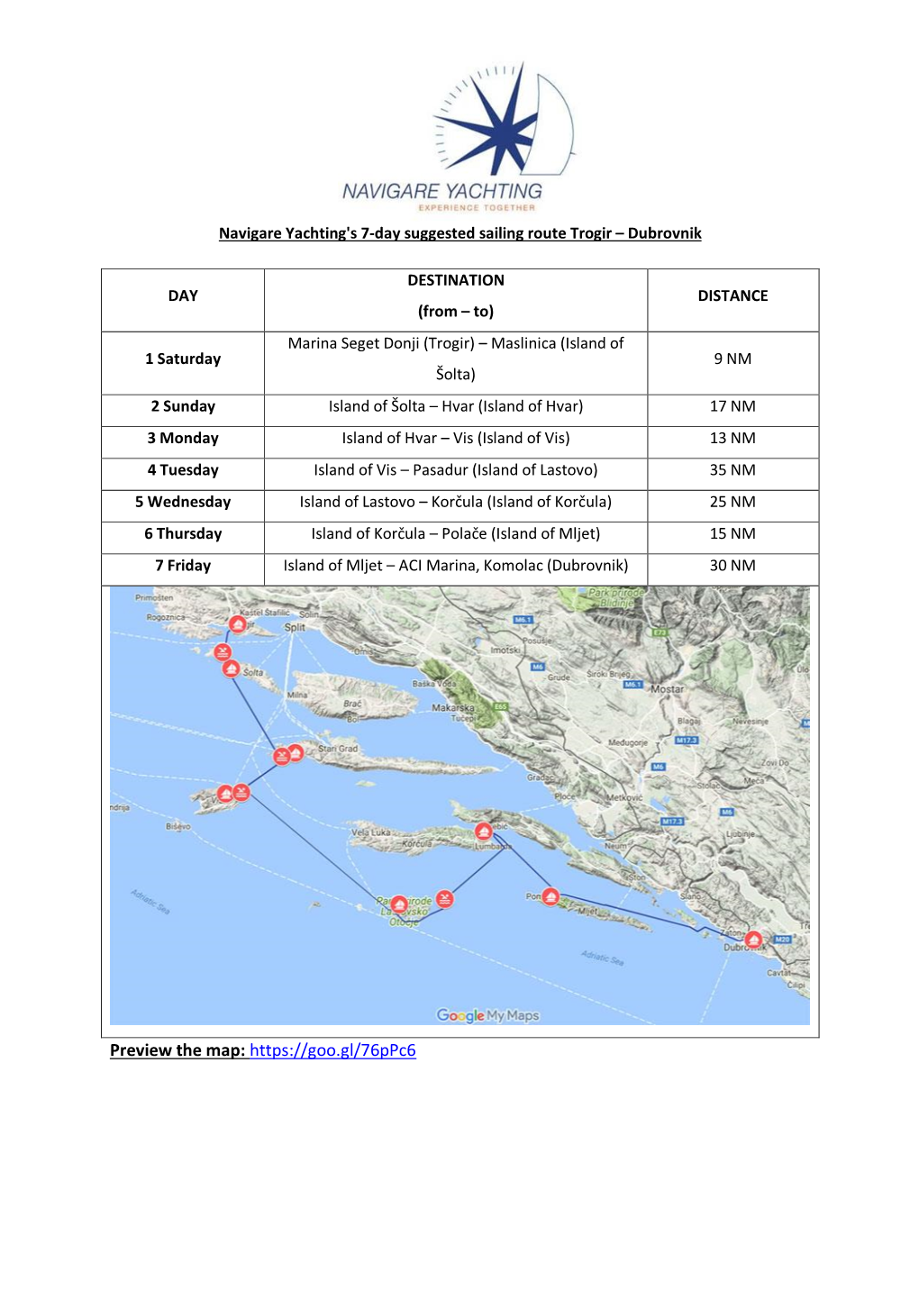 Download PDF One Way Charter Sailing Itenerary