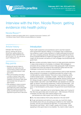 Interview with the Hon. Nicola Roxon: Getting Evidence Into Health Policy