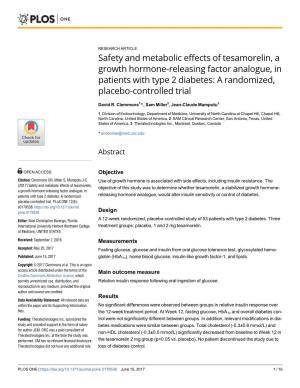 Safety and Metabolic Effects of Tesamorelin, a Growth Hormone-Releasing Factor Analogue, in Patients with Type 2 Diabetes: a Randomized, Placebo-Controlled Trial
