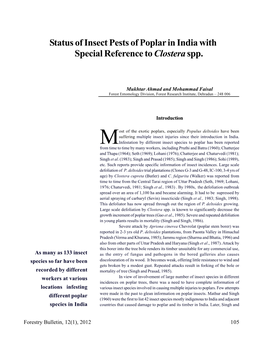 Status of Insect Pests of Poplar in India with Special Reference to Clostera Spp