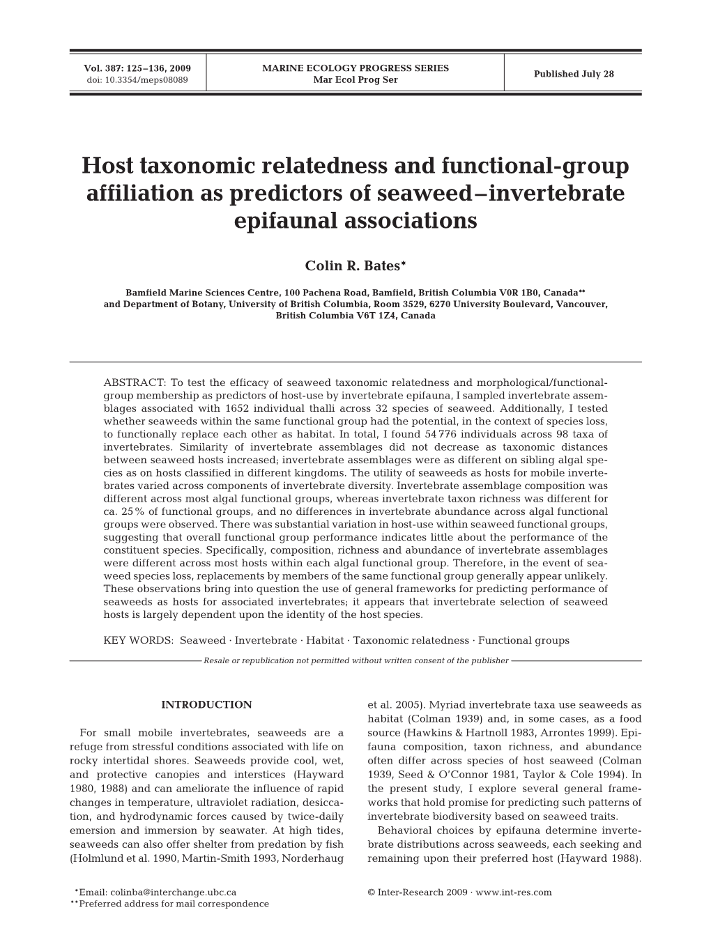 Host Taxonomic Relatedness and Functional-Group Affiliation As Predictors of Seaweed–Invertebrate Epifaunal Associations