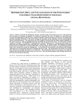 Distribution, Diet, and Vocalizations of the Endangered Colombian Toad Osornophryne Percrassa (Anura, Bufonidae)