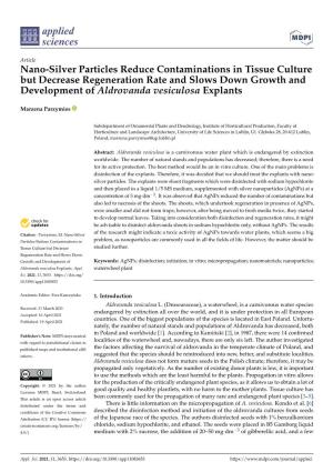 Nano-Silver Particles Reduce Contaminations in Tissue Culture but Decrease Regeneration Rate and Slows Down Growth and Development of Aldrovanda Vesiculosa Explants