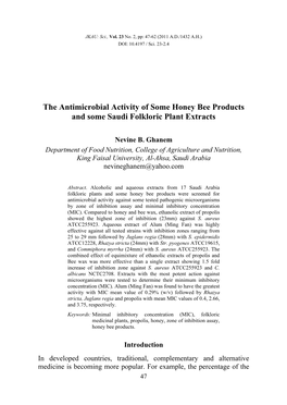 The Antimicrobial Activity of Some Honey Bee Products and Some Saudi Folkloric Plant Extracts