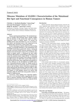 Missense Mutations of MADH4: Characterization of the Mutational Hot Spot and Functional Consequences in Human Tumors