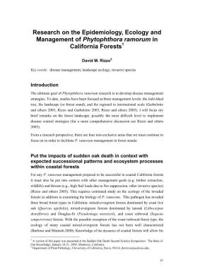 Research on the Epidemiology, Ecology and Management of Phytophthora Ramorum in California Forests1