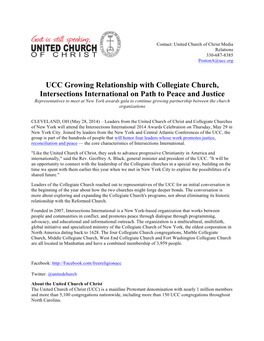UCC Growing Relationship with Collegiate Church, Intersections International on Path to Peace and Justice