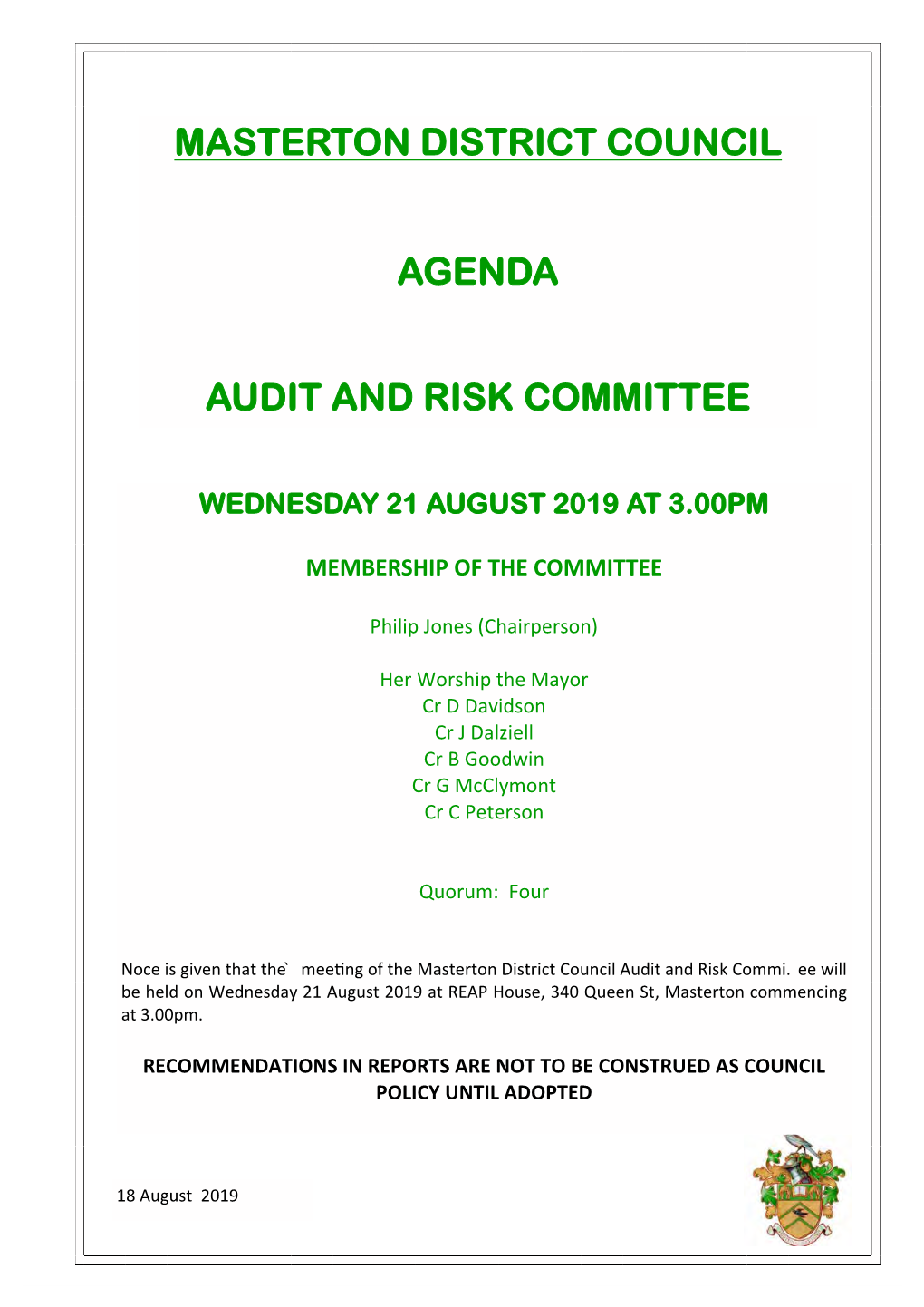 AGENDA Audit and Risk 2019-08-21 Website