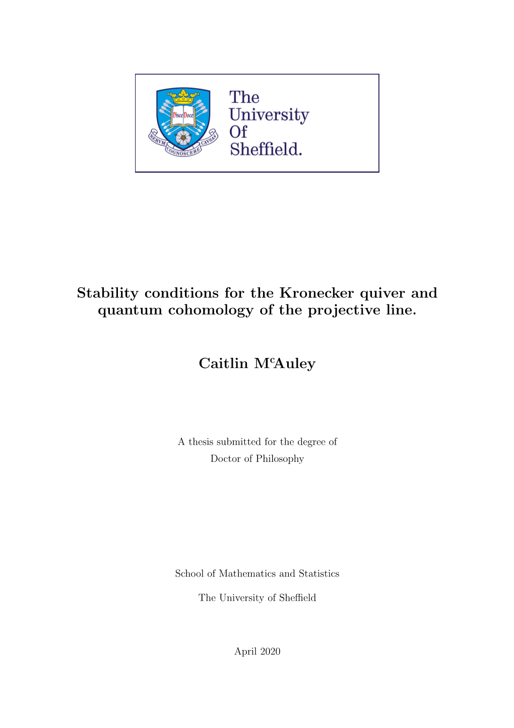 Stability Conditions for the Kronecker Quiver and Quantum Cohomology of the Projective Line