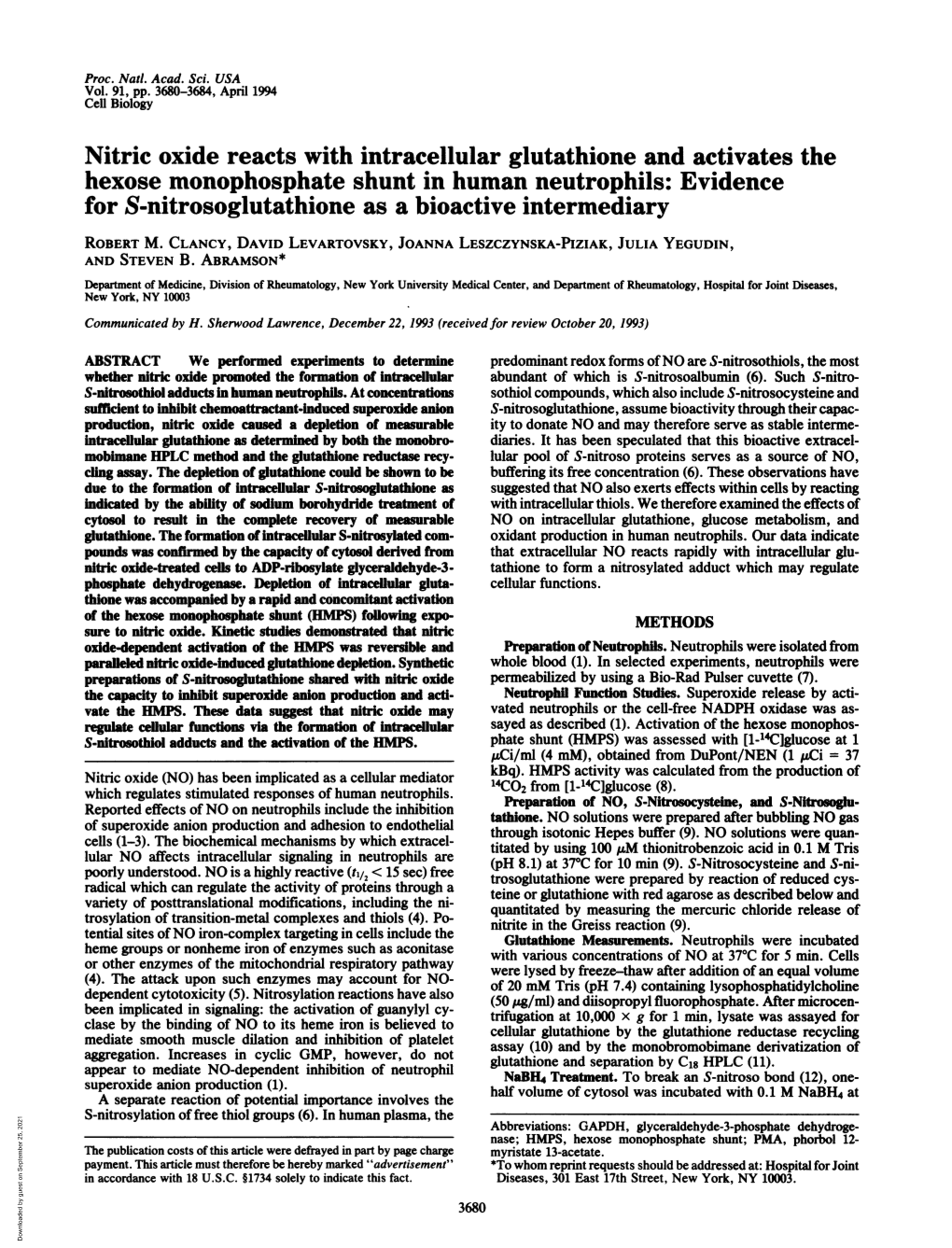 Nitric Oxide Reacts with Intracellular Glutathione and Activates the Hexose Monophosphate Shunt in Human Neutrophils