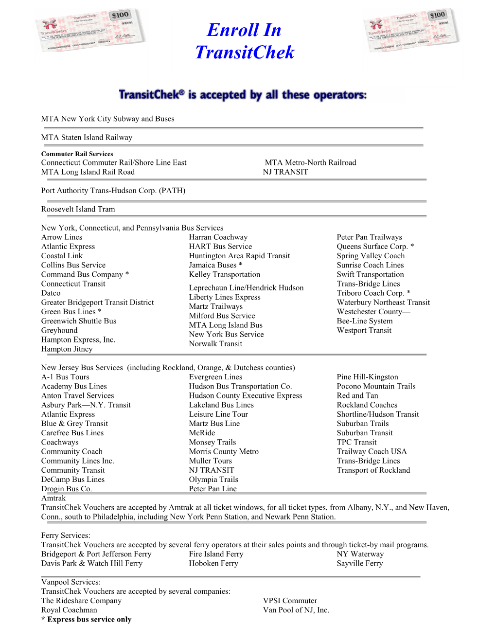 List of Transitchek Operators