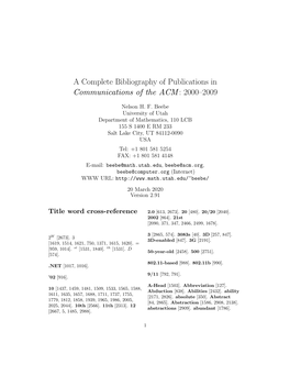 A Complete Bibliography of Publications in Communications of the ACM : 2000–2009