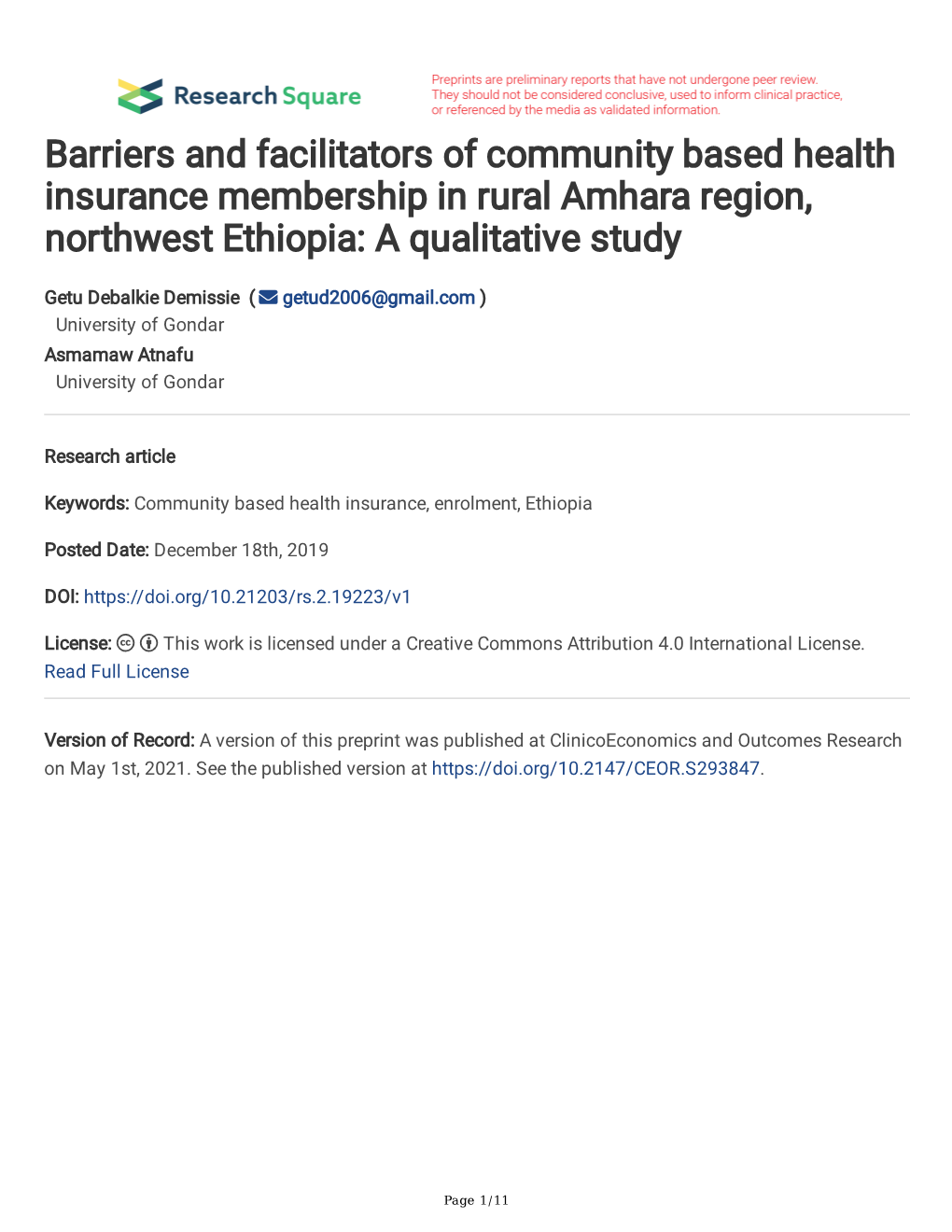Barriers and Facilitators of Community Based Health Insurance Membership in Rural Amhara Region, Northwest Ethiopia: a Qualitative Study